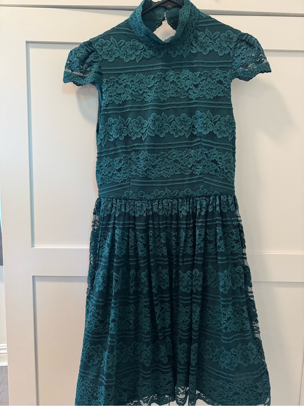 Alice + Olivia Teal Lace High-Neck Fit-and-Flare Dress